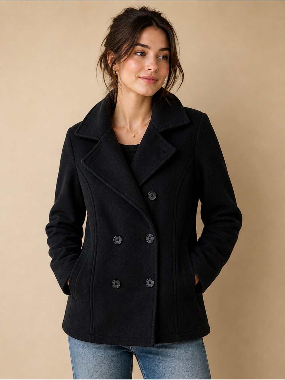 Sebby Black Double-Breasted Wool-Blend Pea Coat